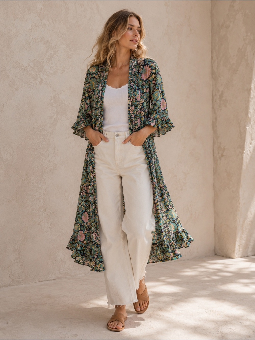 America & Beyond Floral Kimono Duster 100% Modal Boho Ruffle Hem S/M